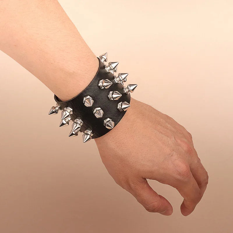 Punk Leather Spike Bracelet for Men and Women Studded Black Wristband