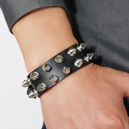 Punk Leather Spike Bracelet for Men and Women Studded Black Wristband