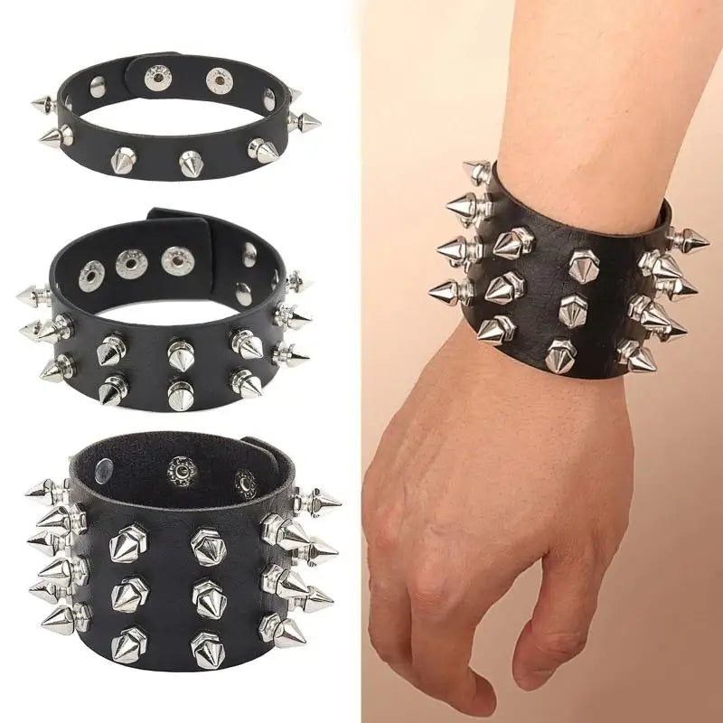Punk Leather Spike Bracelet for Men and Women Studded Black Wristband