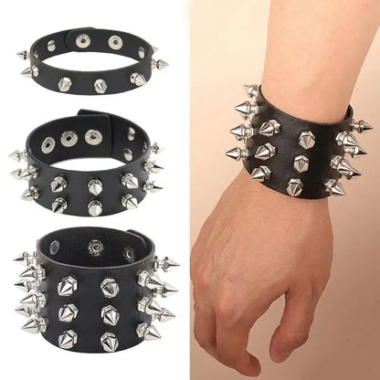 Punk Leather Spike Bracelet for Men and Women Studded Black Wristband