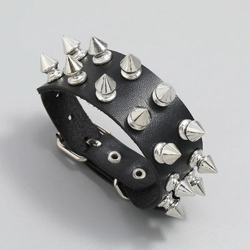 Punk Leather Spike Bracelet for Men and Women Studded Black Wristband