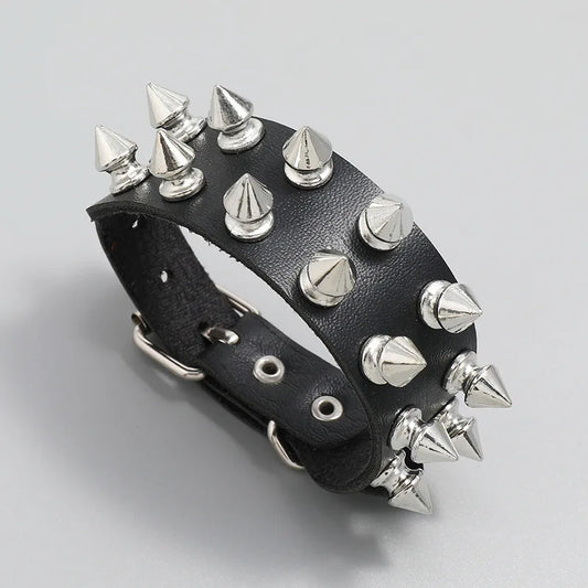 Punk Leather Spike Bracelet for Men and Women Studded Black Wristband