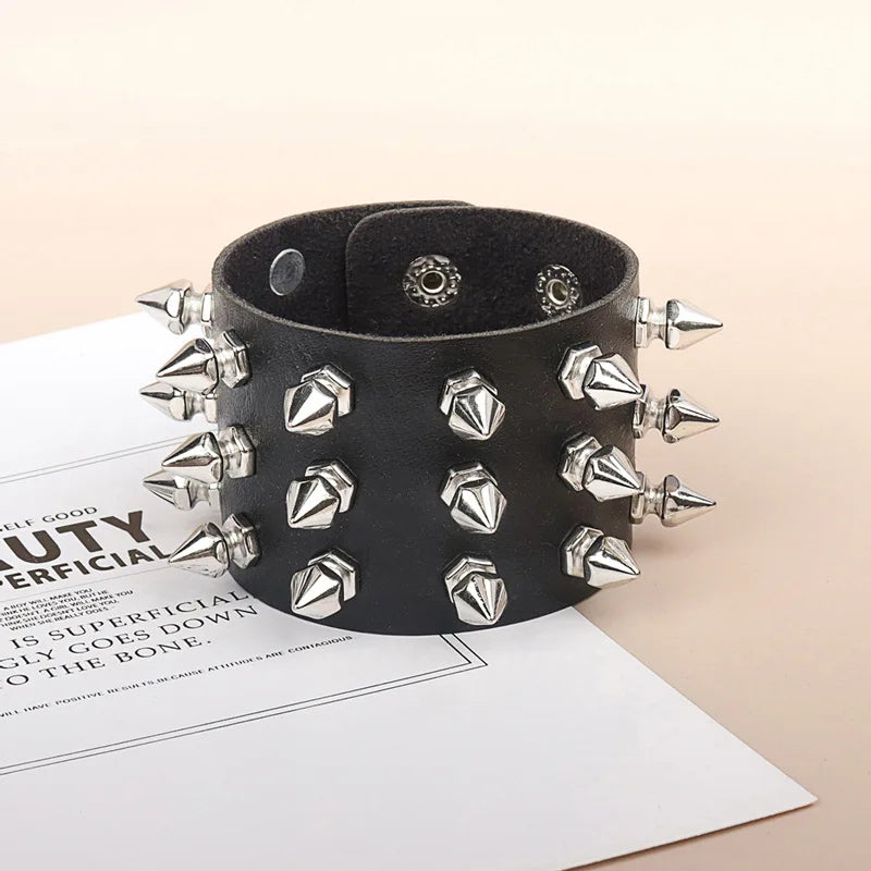 Punk Leather Spike Bracelet for Men and Women Studded Black Wristband