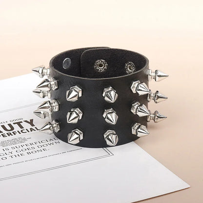 Punk Leather Spike Bracelet for Men and Women Studded Black Wristband
