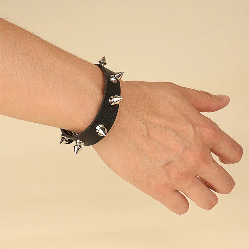 Punk Leather Spike Bracelet for Men and Women Studded Black Wristband
