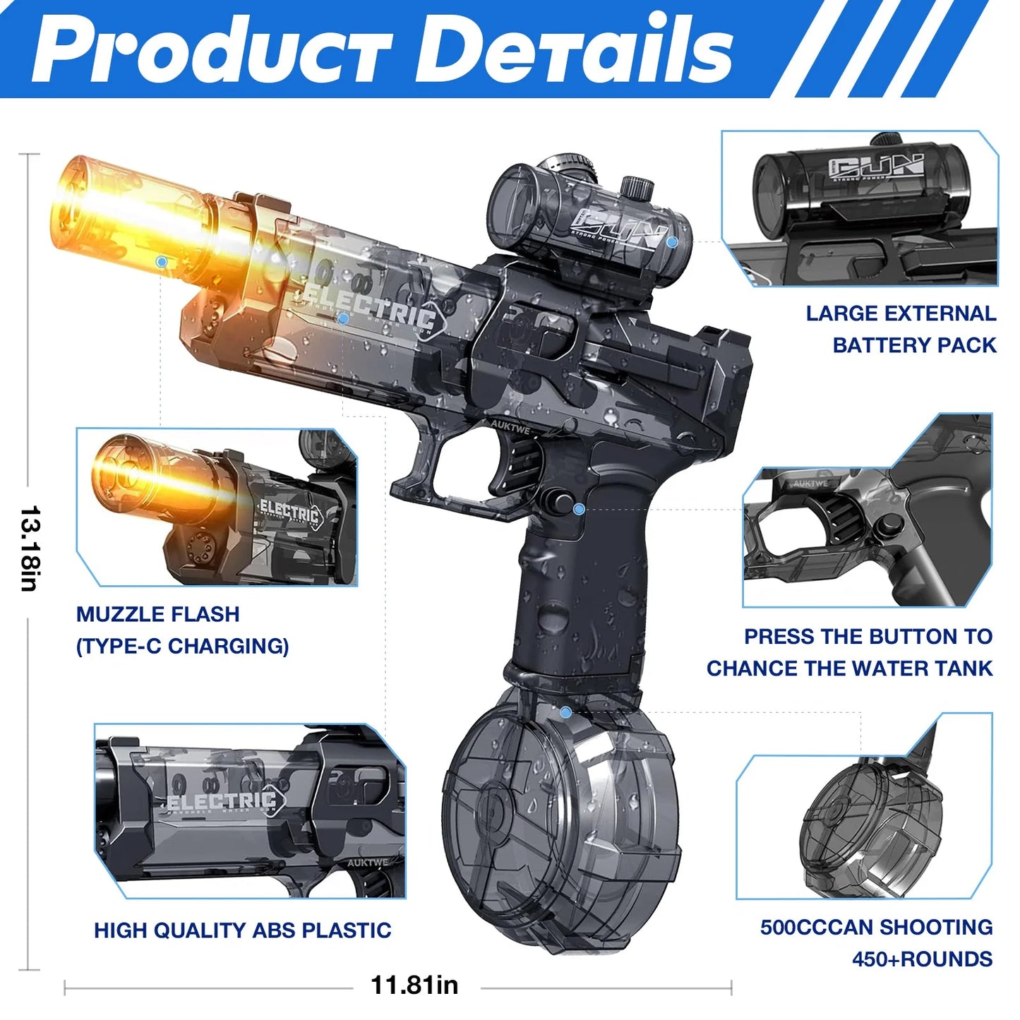 Battle Electric Water Guns – High Capacity Squirt Guns with Realistic Muzzle Flash, Outdoor Toy